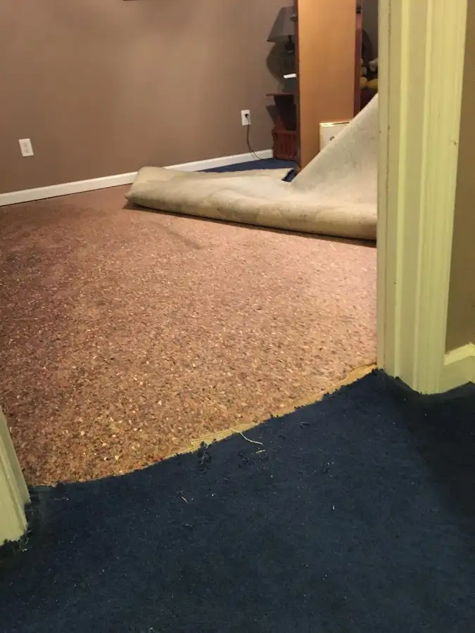Carpet pad removal revealing water damage during Water Mitigation Services in Glenn Heights